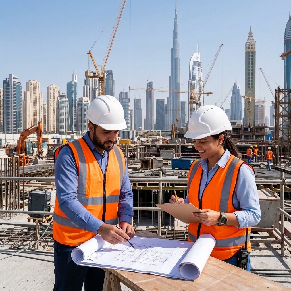 YHBC construction engineers reviewing villa project plans Dubai