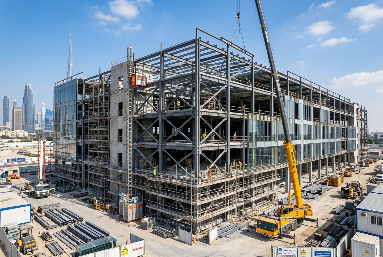 Under-construction luxury warehouse and commercial building in Dubai